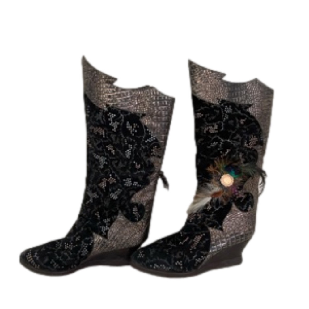 El Verquero luxury Italian embellished black wedge cowboy boots size 7 - Picture 2 of 6